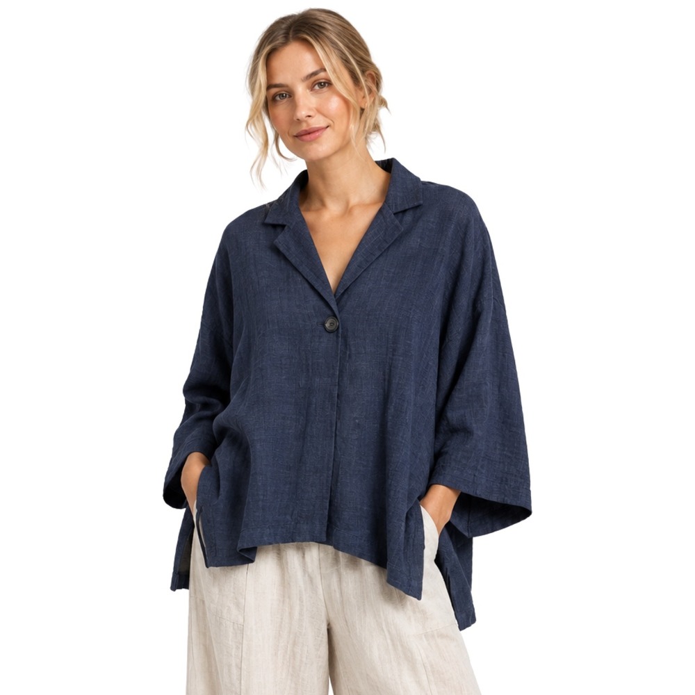 Kedem Sasson 100% Linen Oversized Lagenlook Artsy Button Top One Size Navy Blue